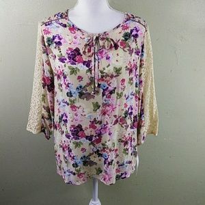 Hnnah Floral Print Tunic Top with Lace Sleeves - L - NWT
